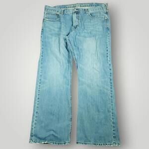 American Eagle Jeans Mens 42x32 Low Rise Boot Cut Slim Fit Distressed Whiskering